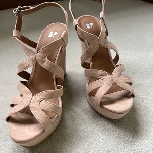 Size 7.5 Nude suede BP (Nordstrom) wedge sandals.